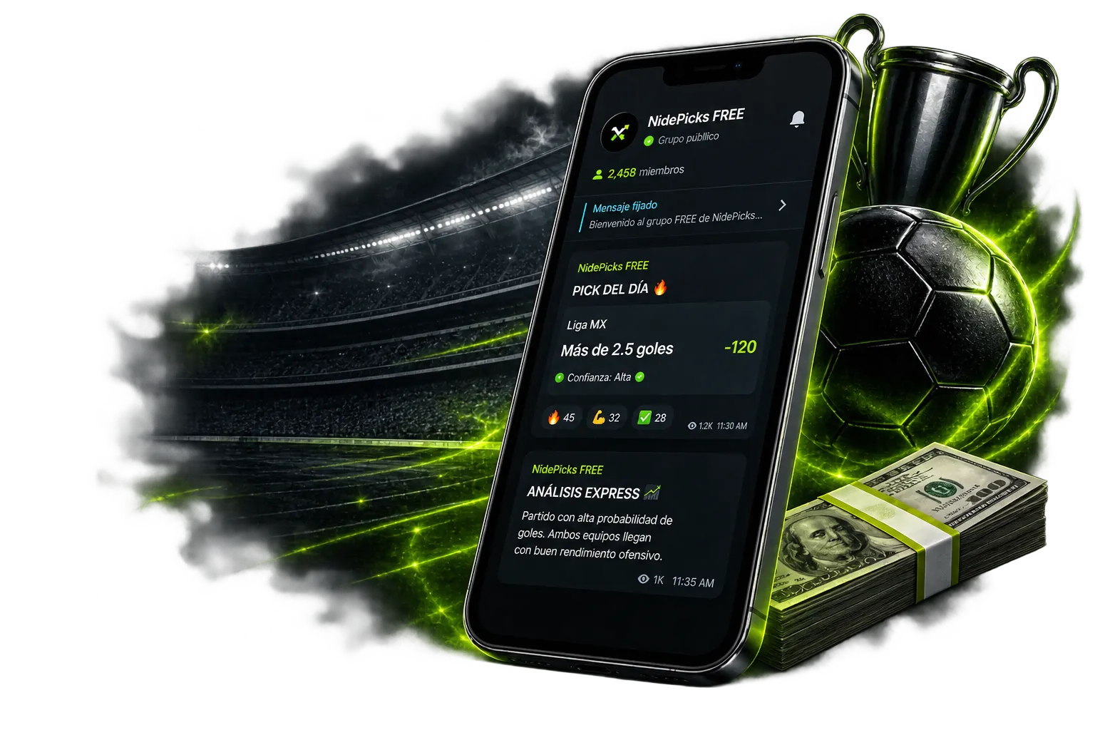 Grupo público de Telegram NidePicks FREE mostrando el pick del día en Liga MX y un análisis express, junto a un trofeo, balón de fútbol y billetes de dólar