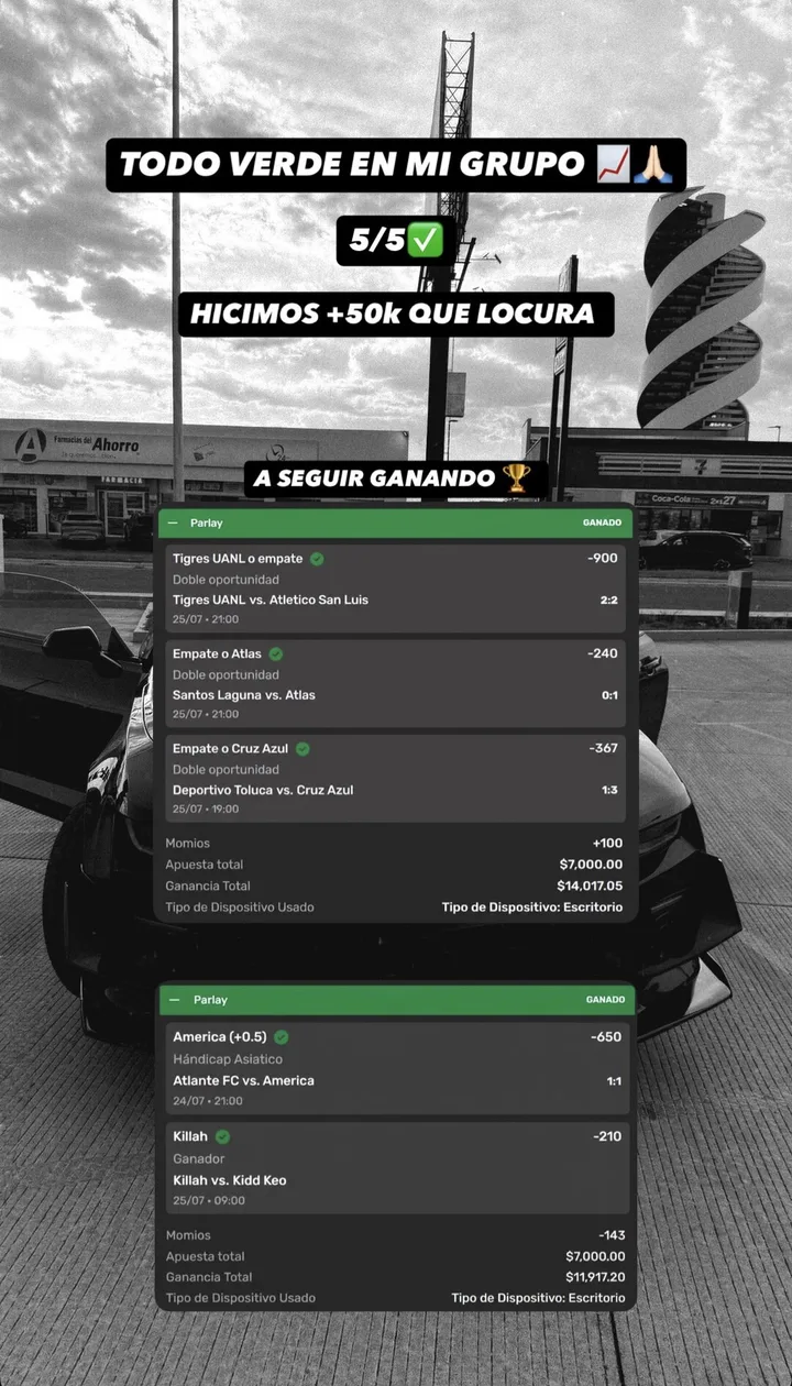 Capturas de selecciones deportivas marcadas como ganadas sobre la fotografía de un automóvil.